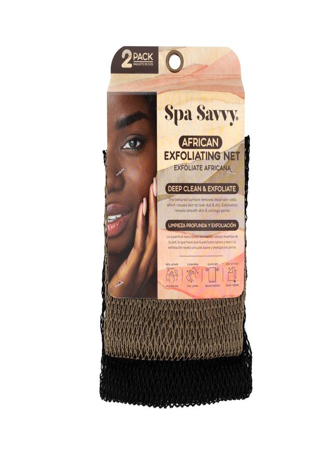 Spa Savvy African Net Sponge, 2 Pack Exfoliating Body Scrubber for Deep Cleansing and Smooth Skin, 12 x 32 Inch, Brown and Black